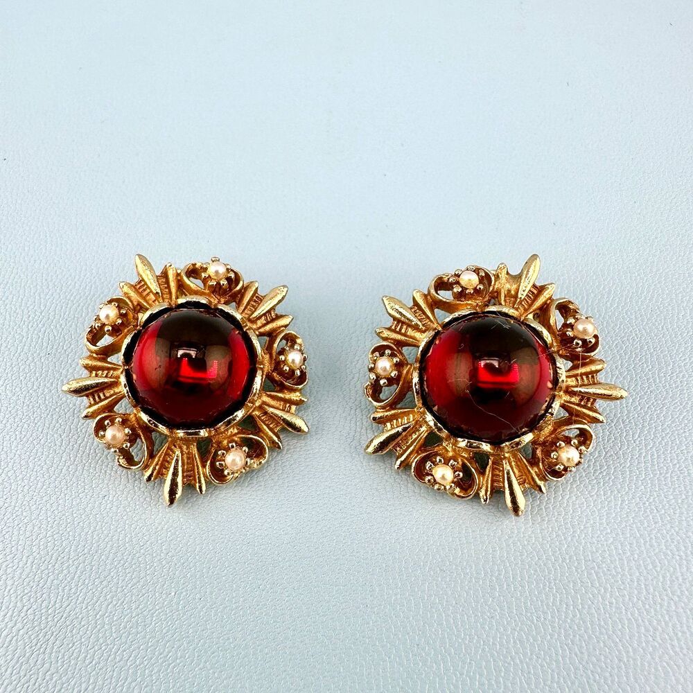 Vintage Clip On Earrings Red Cabochon Gold Tone Faux Pearl Etruscan Revival